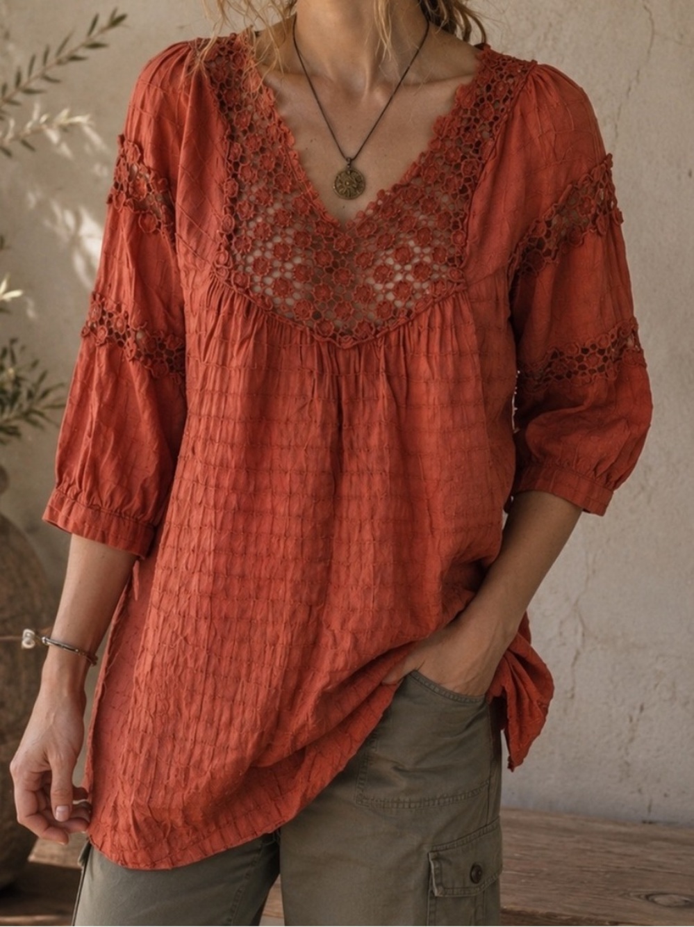 Maria Rerio Tangerine Crochet Boho Peasant Blouse Top Large